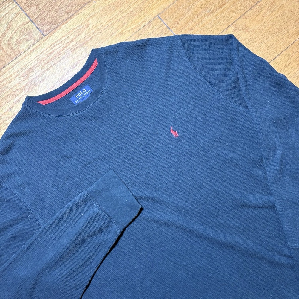 Polo Ralph Lauren Shirt Mens 2XL Black Thermal Waffle Knit Crewneck Pullover